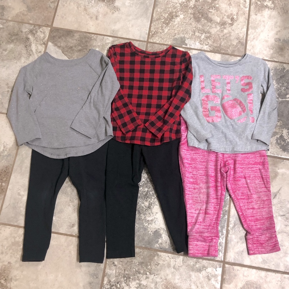 Toddler Girl 3T Bundle: 3 shirts & 3 pants (leggings, joggers, football, plaid)
